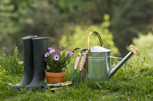 Professional landscapers working on a garden design